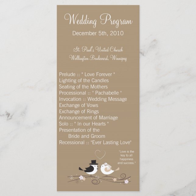 25 4x9 Bröllopsprogram Bröllop Birds Bride Groom Program (Framsida)