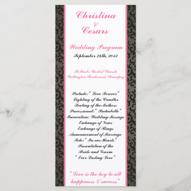 25 4x9 Bröllopsprogram Damask/Rand Rosa Krona Program (Framsida)