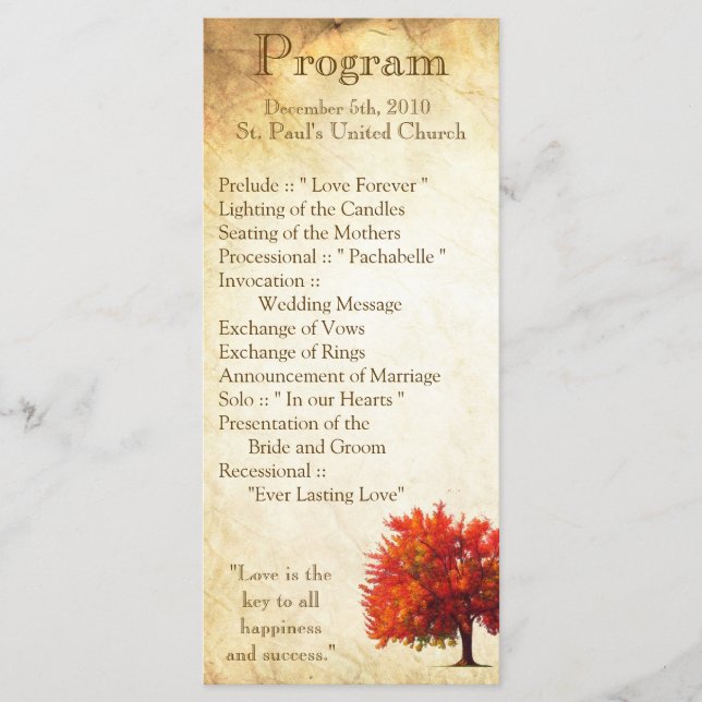 25 4x9 Bröllopsprogram Fall Träd Åldras Papper hös Program (Framsida)