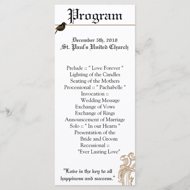 25 4x9 Bröllopsprogram Formal Love birds Pigeon Program (Framsida)