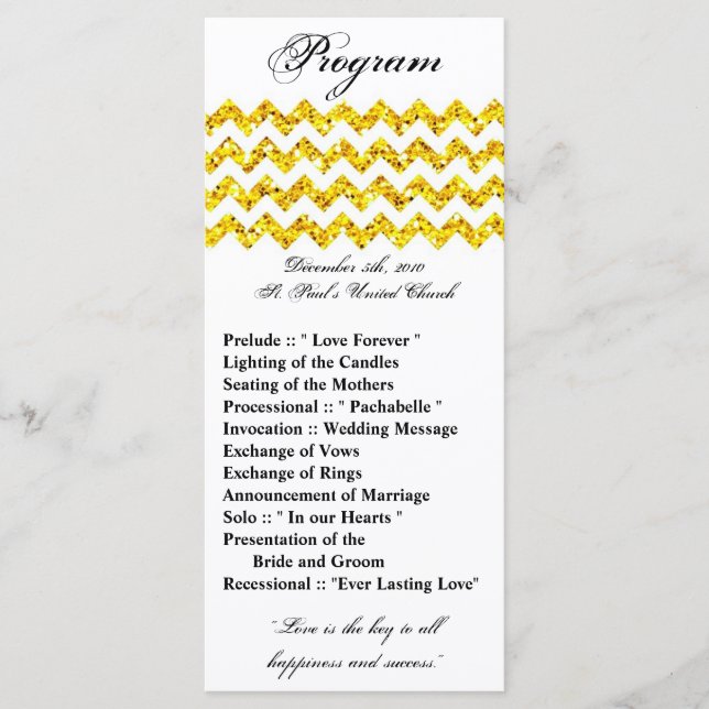 25 4x9 Bröllopsprogram Gult Glitter Chevron Zig Program (Framsida)