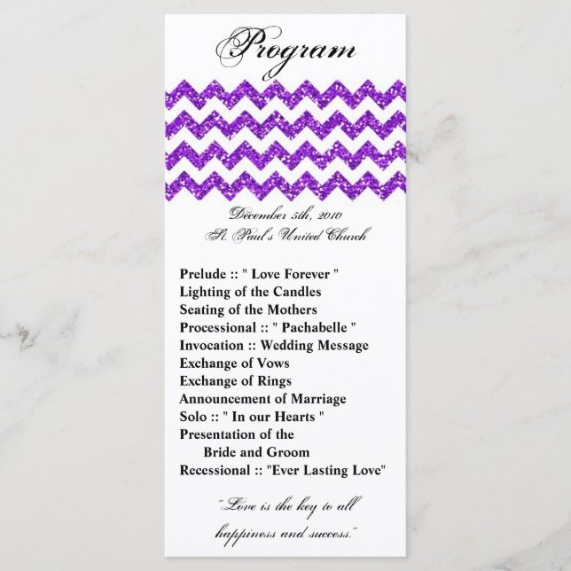 25 4x9 Bröllopsprogram Lila Glitter Chevron Zig Program (Framsida)