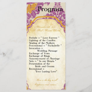 25 4x9 Bröllopsprogram Lila Guld Damask Snöre Pri Program