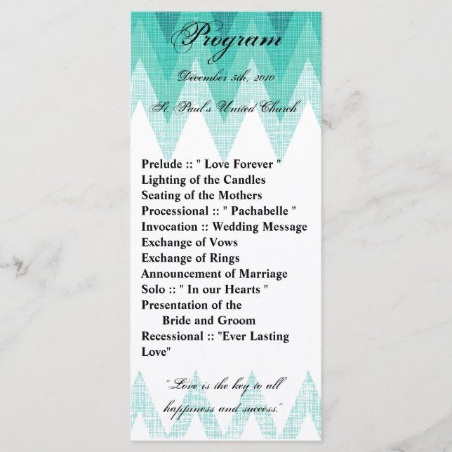 25 4x9 Bröllopsprogram Ombre Teal Chevron Program (Framsida)