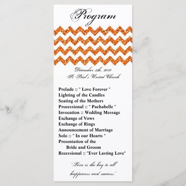 25 4x9 Bröllopsprogram Orange Glitter Chevron Zig Program (Framsida)