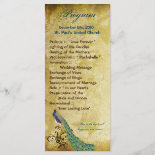 25 4x9 Bröllopsprogram Peacock Vintage Feathers Program
