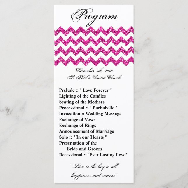 25 4x9 Bröllopsprogram Rosa Glitter Chevron Zig Program (Framsida)