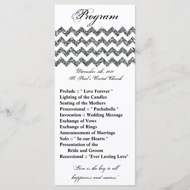 25 4x9 Bröllopsprogram Silver Glitter Chevron Zig Program (Framsida)