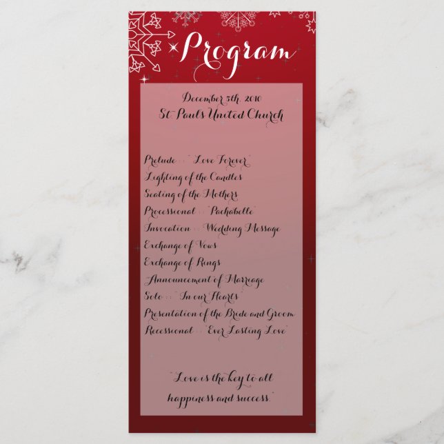 25 4x9 Bröllopsprogram Winter Snöflingor Snö Ice Program (Framsida)