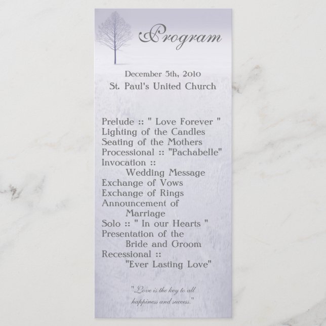 25 4x9 Bröllopsprogram Winter Wonderland Träd Sno Program (Framsida)