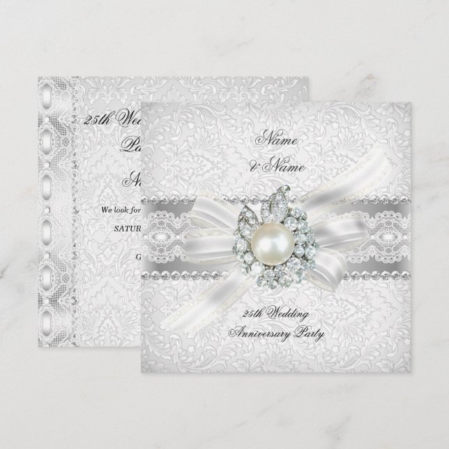 25-års bröllops Silverjubileum Bröllopsfest Lace P Inbjudningar (Fram/baksida)