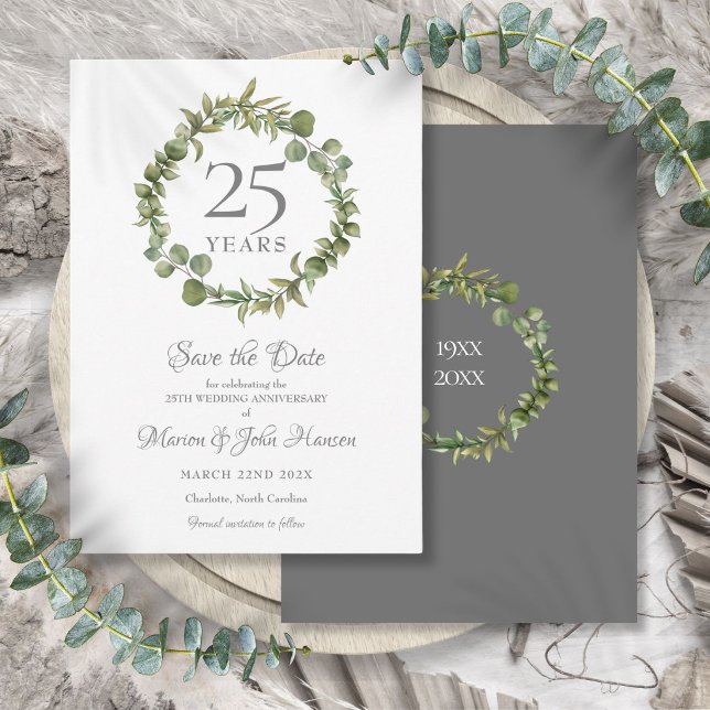 25-års bröllops silverjubileum Grön krans  Spara Datumet (25th Wedding Silver Anniversary Greenery Garland Save The Date)
