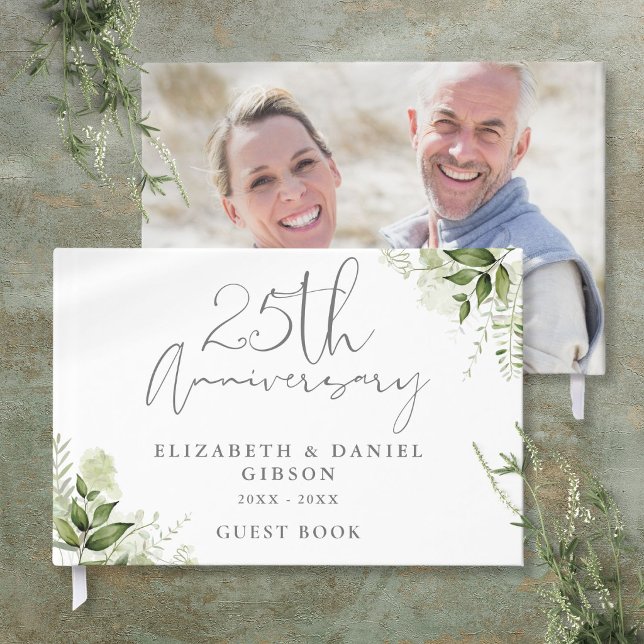 25-års bröllops Silverjubileum Grönska Foto Gästböcker (25th Wedding Silver Anniversary Greenery Photo Guest Book)
