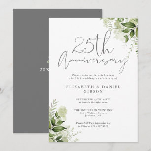 25-års bröllopsdag Greenery Silver Script Inbjudningar