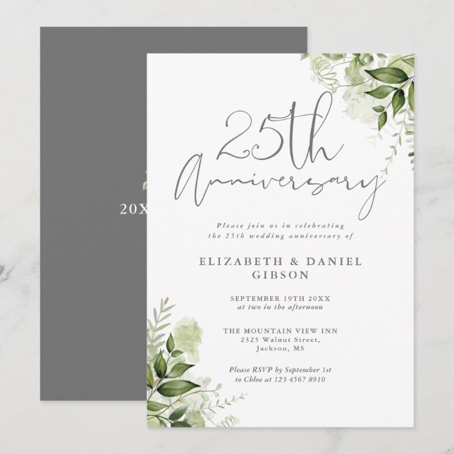 25-års bröllopsdag Greenery Silver Script Inbjudningar (Fram/baksida)
