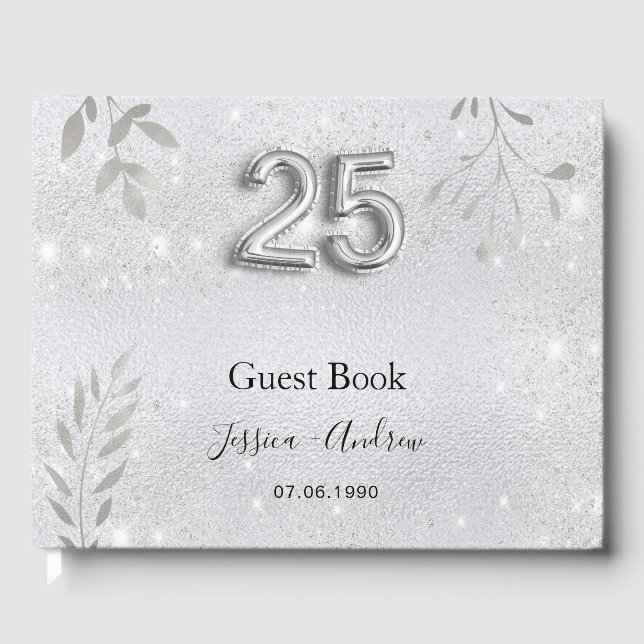 25-års bröllopsdag silver blad gästbok (Framsida)