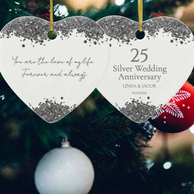 25-års bröllopsdag Silver Falskt glitter  Julgransprydnad Keramik (Skapare uppladdad)