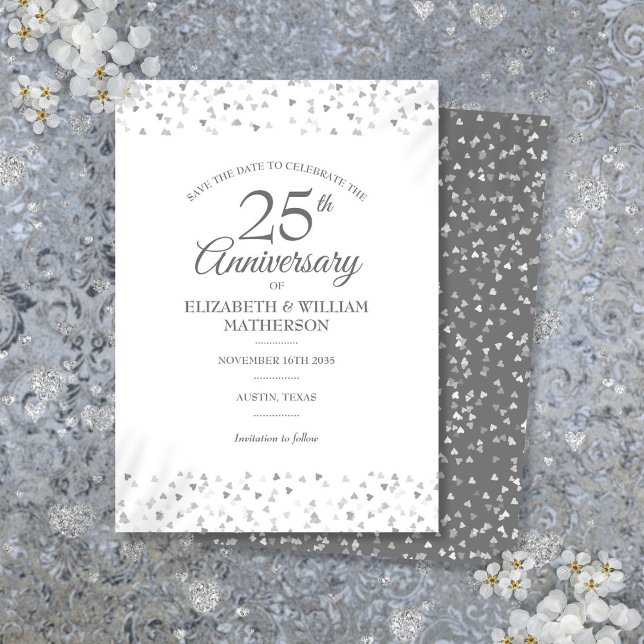25-års bröllopsdag Silver Love Hearts Spara Datumet (25th Wedding Anniversary Silver Love Hearts Save The Date)