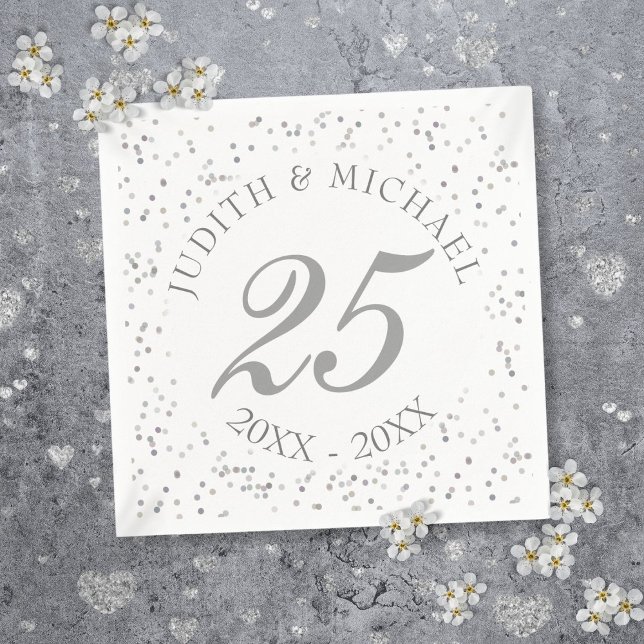 25-års bröllopsdag Silver Stjärnstoft Konfetti Pappersservett (25th Wedding Anniversary Silver Stardust Confetti Paper Napkins)