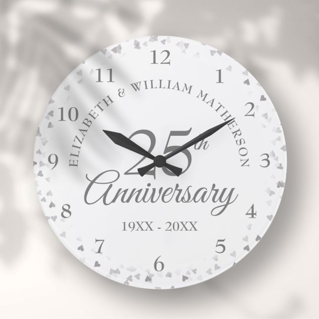 25-års bröllopsdag Silverhjärtan Konfetti Stor Klocka (25th Wedding Anniversary Silver Hearts Confetti Large Clock)