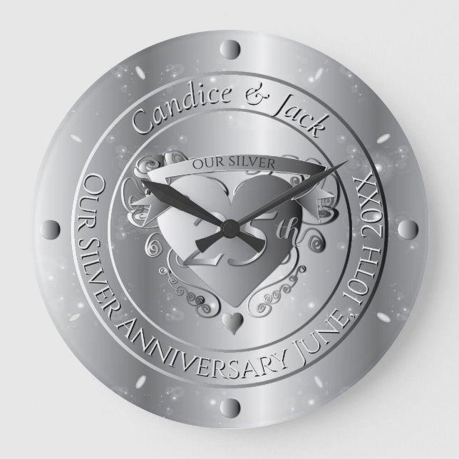 25-års bröllopsdag Silversnus hjärta Stor Klocka (Framsida)