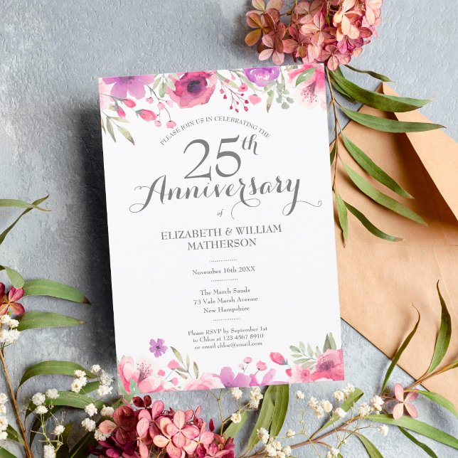 25-års bröllopsdag Vattenfärg Blommor Inbjudningar (Skapare uppladdad)