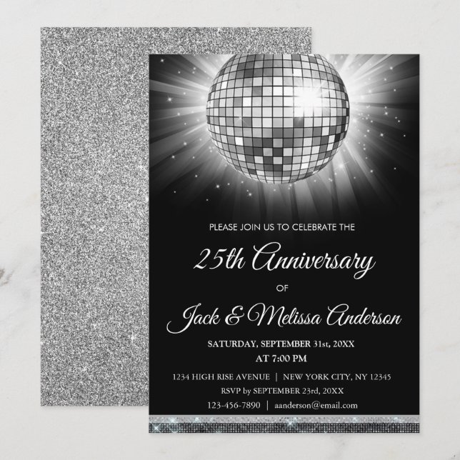 25-års bröllopsfest Silver Disco Boll Inbjudningar (Fram/baksida)