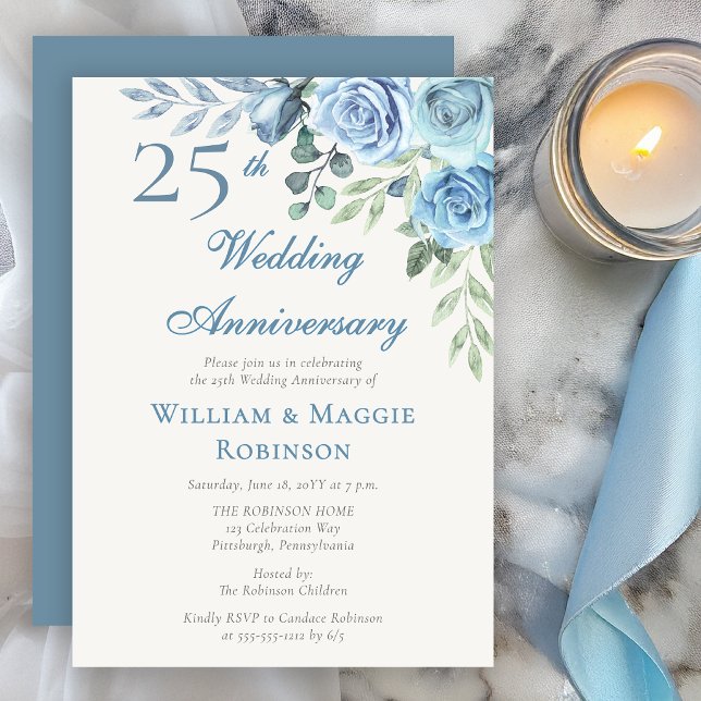 25-års bröllopsjubileum Blommig elegant fest Inbjudningar (Elegant blue floral 25th anniversary invitation with soft watercolor roses)