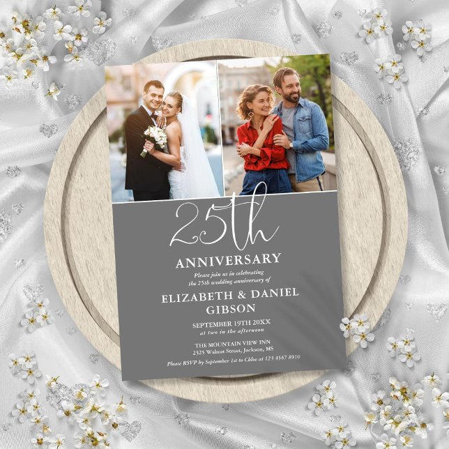 25-års bröllopsjubileum då och nu 2 bilder inbjudningar (25th Wedding Anniversary Then And Now 2 Photo Invitation)