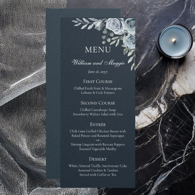 25-års bröllopsjubileum Marin Blommig Elegant Meny (Elegant navy floral 25th anniversary menu card for formal dinner settings)