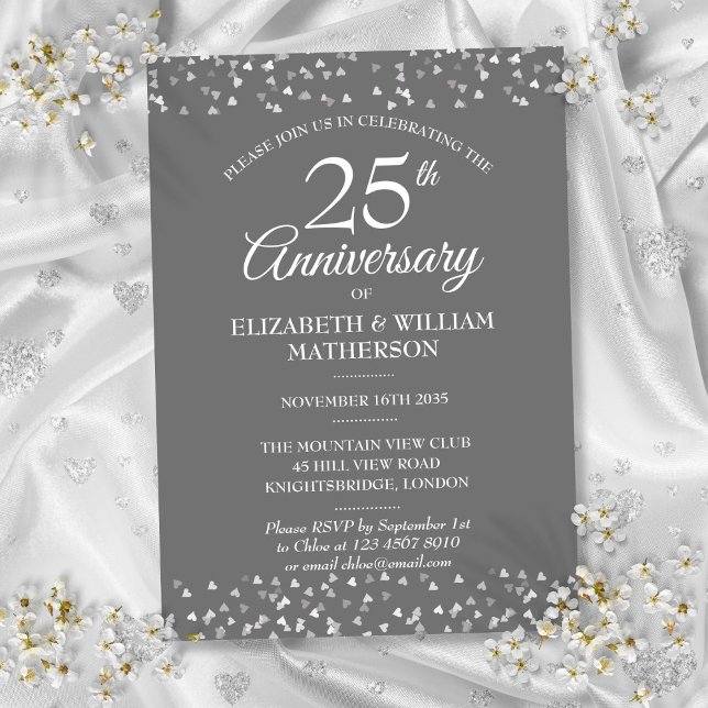 25-års bröllopsjubileum Silverhjärtan Konfetti Inbjudningar (25th Weddding Anniversary Silver Hearts Confetti Invitation)