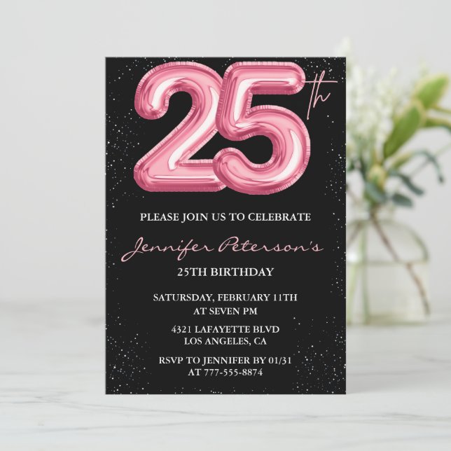 25-års inbjudan Rosa ballong Glam Svart  (Stående Fram)