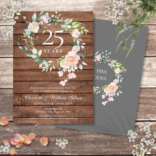 25-års Silver Bröllopsdag Blommig Rustik Trä Inbjudningar (25th Silver Wedding Anniversary Floral Rustic Wood Invitation)
