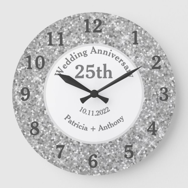 25-års Silver Bröllopsdag Glitter Glam Stor Klocka (Framsida)