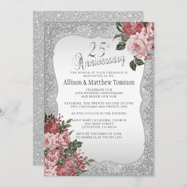 25-års Silver Glitter-jubileum | Blush Floral Inbjudningar (Fram/baksida)