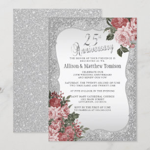 25-års Silver Glitter-jubileum Blush Floral Inbjudningar