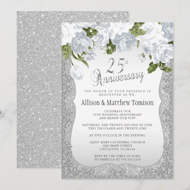 25-års Silver Glitter-jubileum | Gör-det-själv-tex Inbjudningar (Fram/baksida)