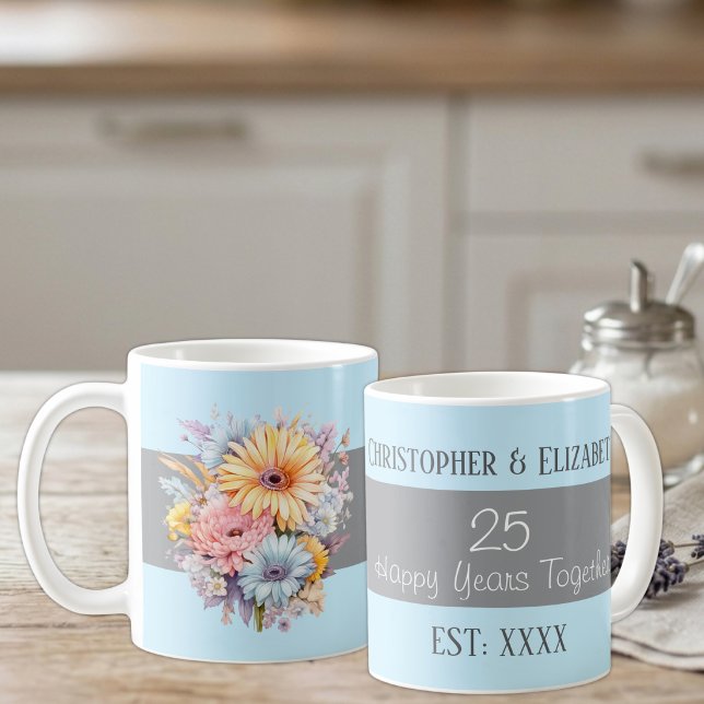 25-års silverbröllopsblommor namn blå kaffemugg (Skapare uppladdad)