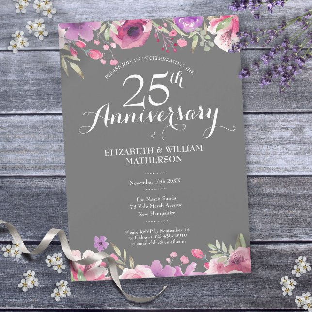 25-års silverbröllopsdag Country Floral Inbjudningar (25th Silver Wedding Anniversary Country Floral Invitation)