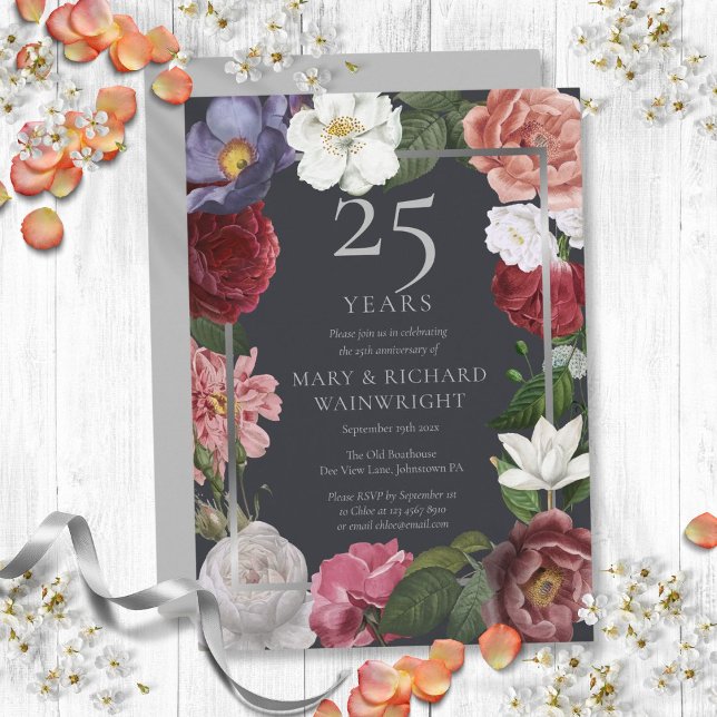 25-års silverbröllopsdag Country Rose Inbjudningar (25th Silver Wedding Anniversary Country Rose Invitation)