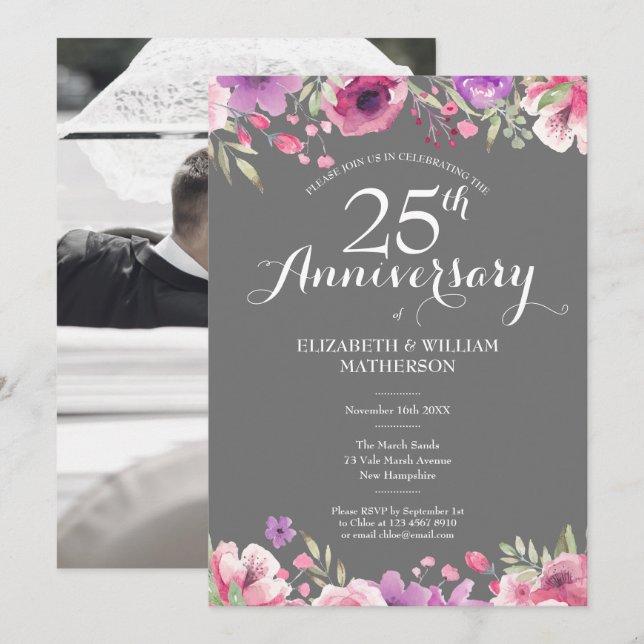 25-års silverbröllopsfoto med blommande rosor inbjudningar (Fram/baksida)