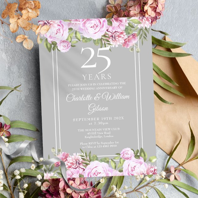 25-års silverbröllopsrosor blommig inbjudningar (25th Silver Wedding Anniversary Roses Floral Invitation)