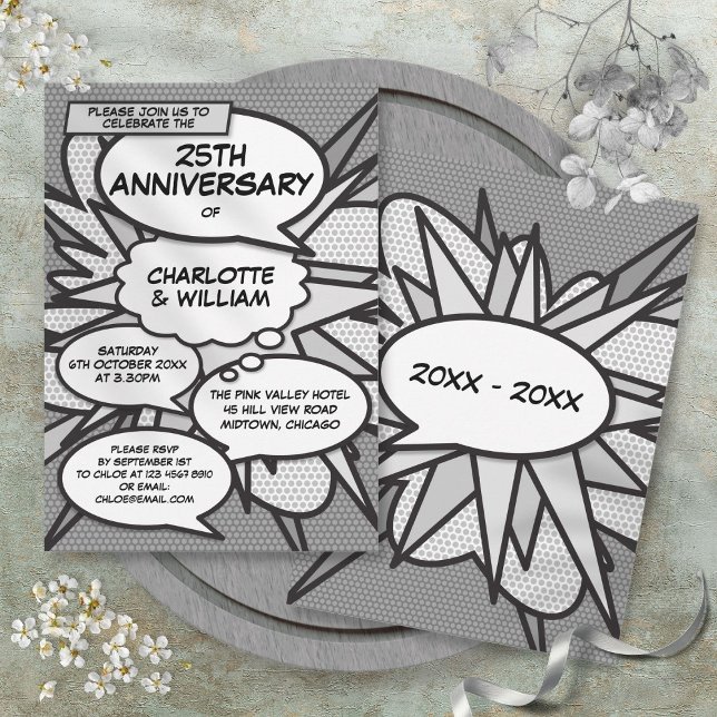 25-års silverbröllopsserie för serietidnings Pop A Inbjudningar (25th Silver Wedding Anniversary Comic Book Pop Art Invitation)