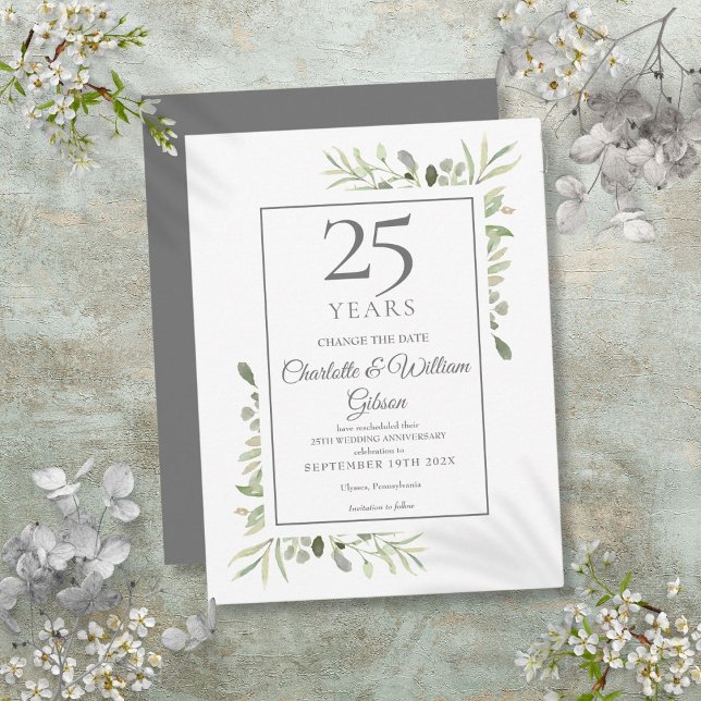 25-års silverjubileum Ändra datum Grönska  Meddelande Vykort (25th Silver Anniversary Change the Date Greenery Announcement Postcard)