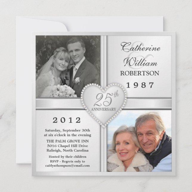 25-års Silverjubileum Hjärtformade Fotoinbjudninga Inbjudningar (Framsida)