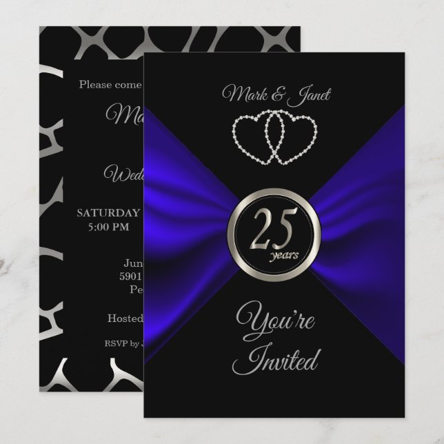 25-års Silverjubileum med Blått Satin Inbjudningar (Fram/baksida)