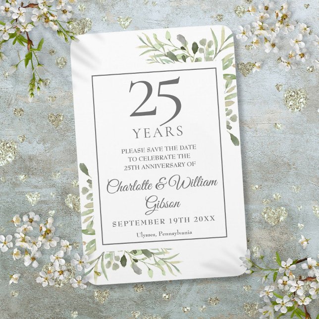 25-års silverjubileum Spara datum Grönska Magnet (25th Silver Anniversary Save the Date Greenery Magnet)