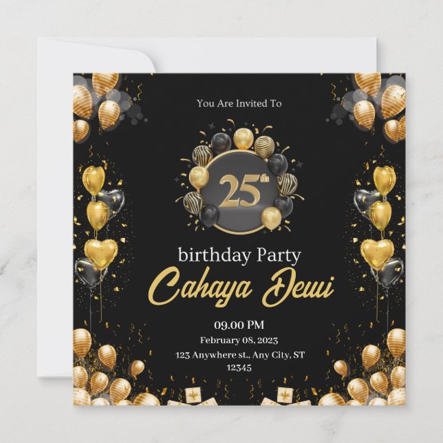 25-årsdag svart silver elegant modern inbjudningar (Framsida)