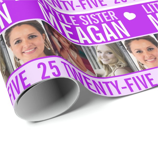 25-årsdag, tre foto lila syster presentpapper (Rullad Hörn)