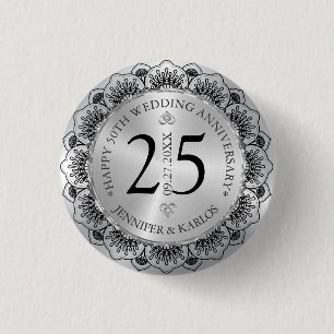 25-årsdagen bröllop, svart snöre & silver knapp